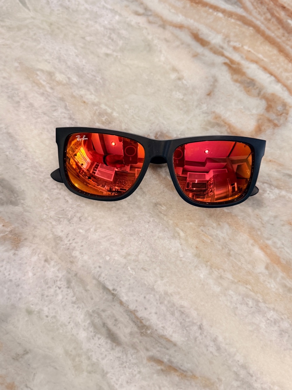 Ray-Ban Men’s Black Frame Sunglasses with Red-Orange Mirror Lenses